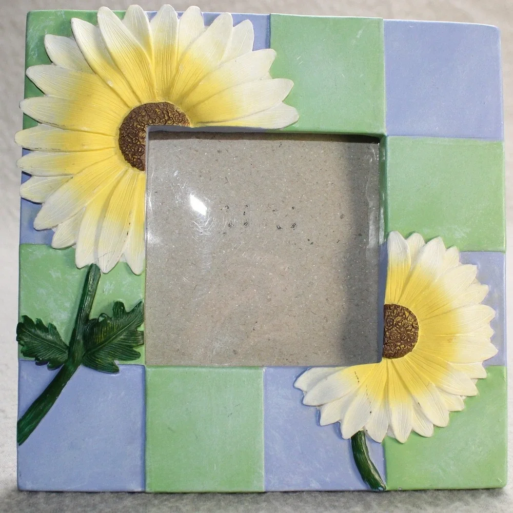 Sunflower Picture Frame Green Purple Checkered Floral Cottagecore 6x6